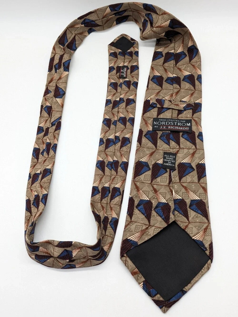 Vintage JZ Richards Nordstrom Brown Blue Maroon Geometric Prism Silk Tie